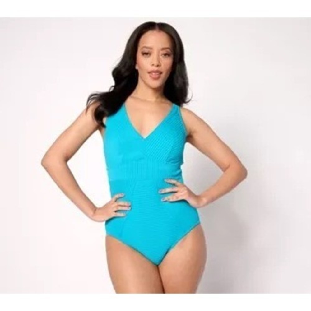 Isaac Mizrahi Live Bridgehampton Blue Ribbed One Piece Swimsuit 18W NEW